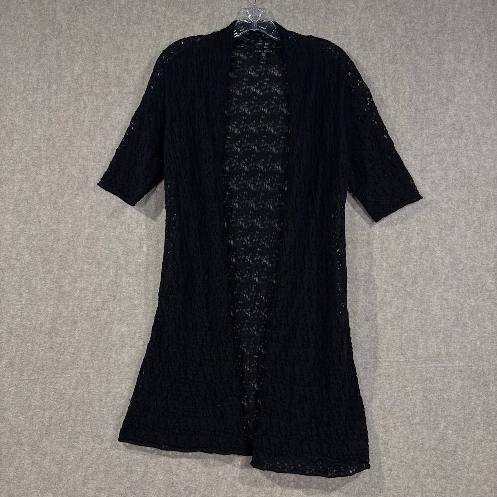 Eileen Fisher - Black 100% Wool Lace Cardigan Open Knit Short Sleeve - small